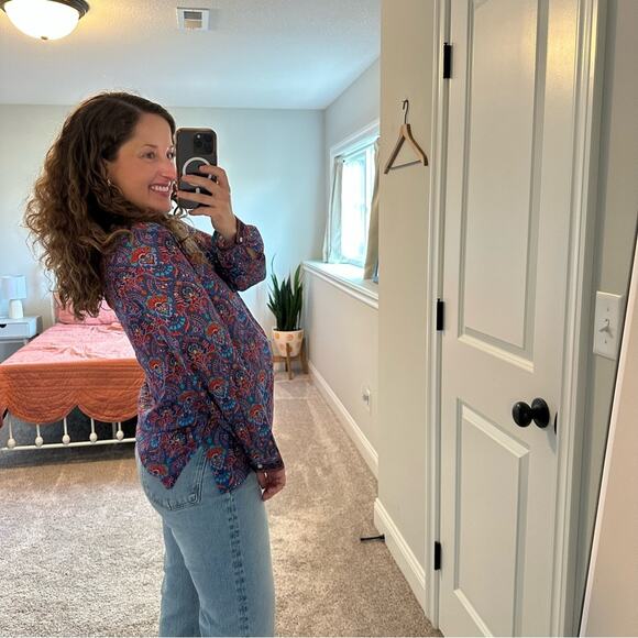 LOFT The Softened Shirt Blue Red Block Print Long Sleeve Blouse Top Small - Picture 2 of 13